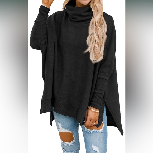 Casual Turtleneck Batwing Sleeve Side Slit Loose Knitted Pullover Tunic Sweater - Picture 3 of 12